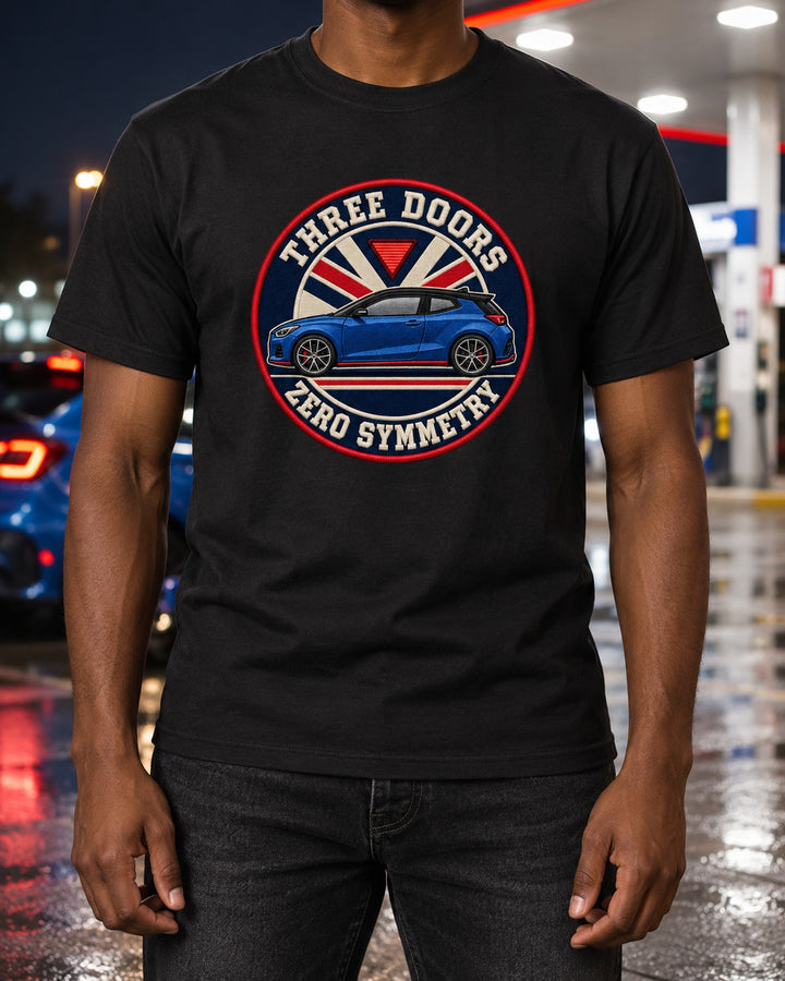 Veloster N JS Triple Door Varsity Crest Shirt, Zero Symmetry T-Shirt Black worn hero