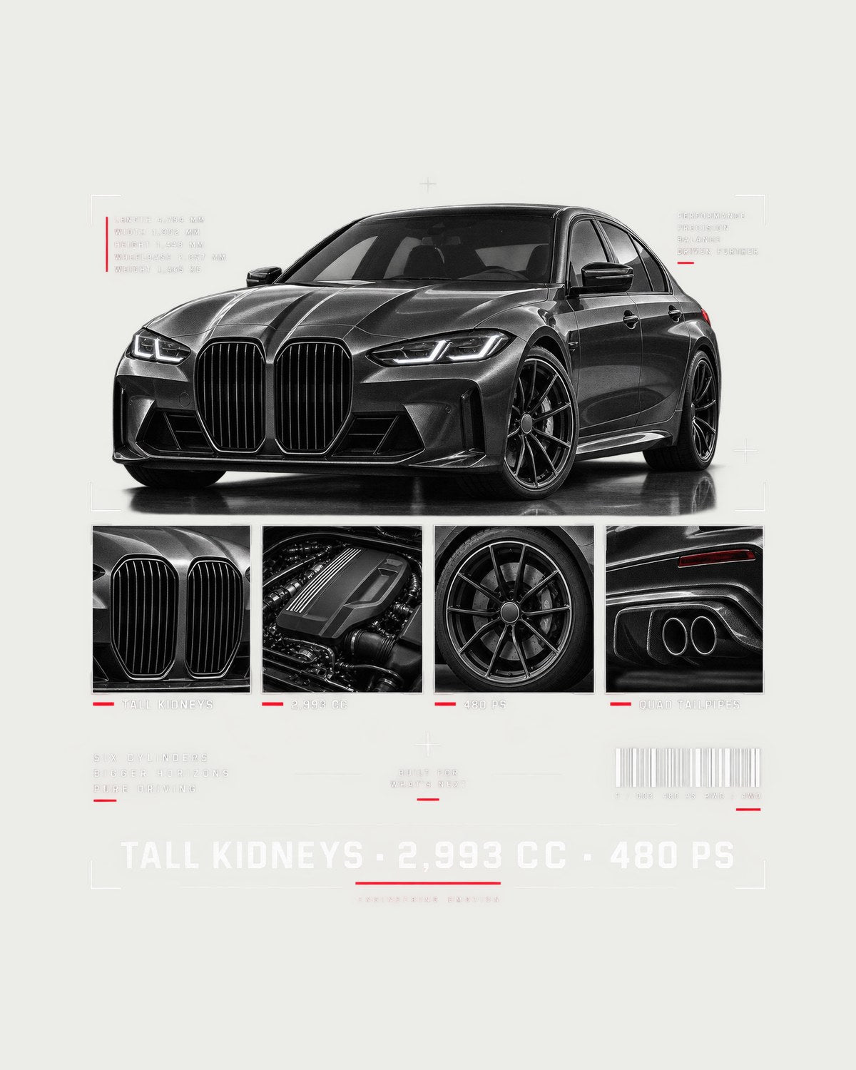 BMW G80 M3 Tall Kidneys Dossier Shirt, 2,993 cc 480 PS design only
