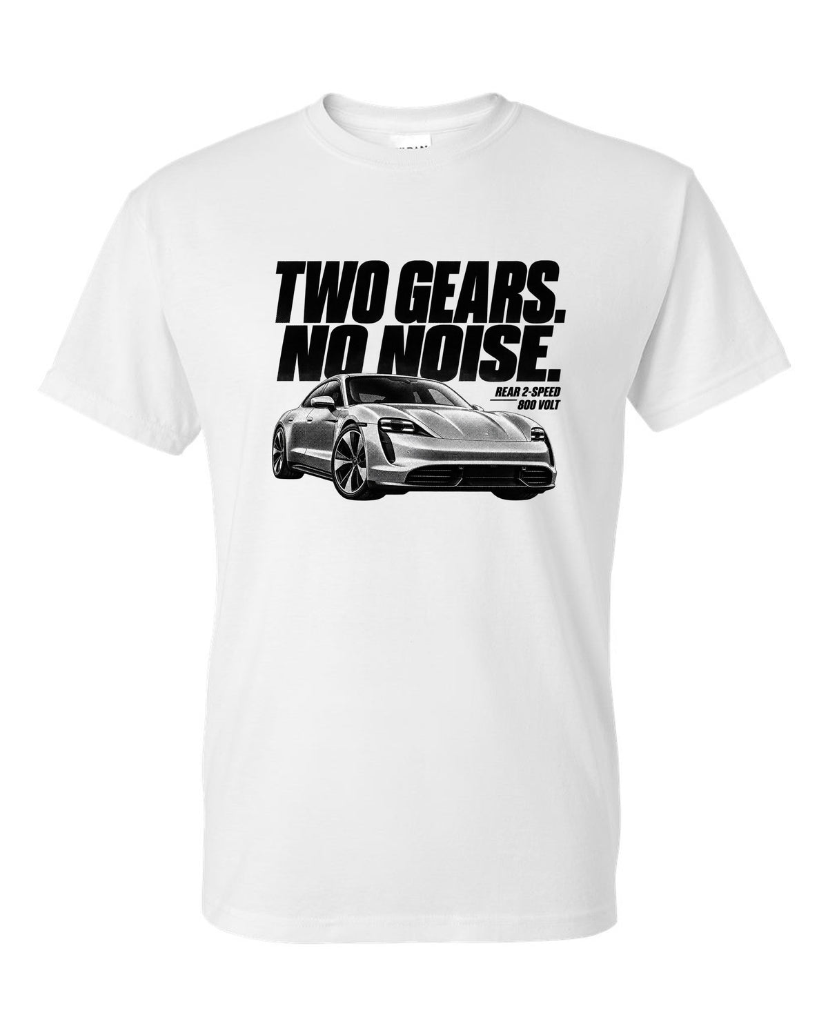 Halftone Porsche Taycan Turbo S 9J1 front three-quarter with two gears, no noise, rear 2-speed white t-shirt front view with the design
