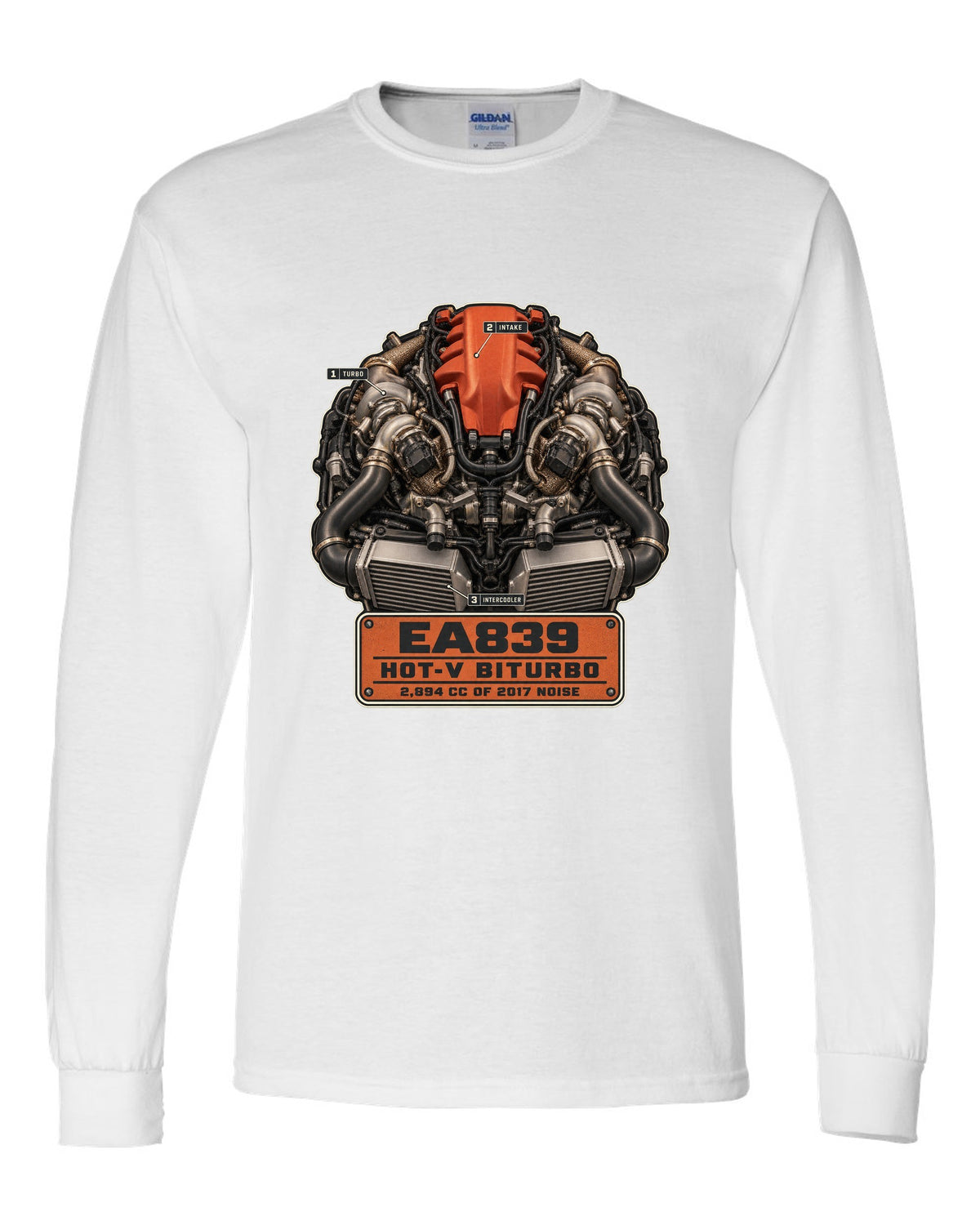 Engine hero poster of the Audi RS5 B9 EA839 hot-V biturbo white long sleeve front view with the design
