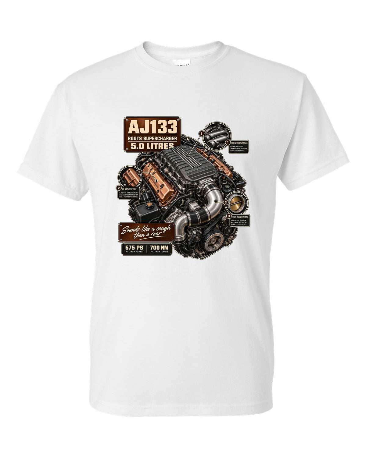 Engine hero print of the Jaguar F-Type R and SVR AJ133 supercharged 5.0 litre V8 white t-shirt front view with the design