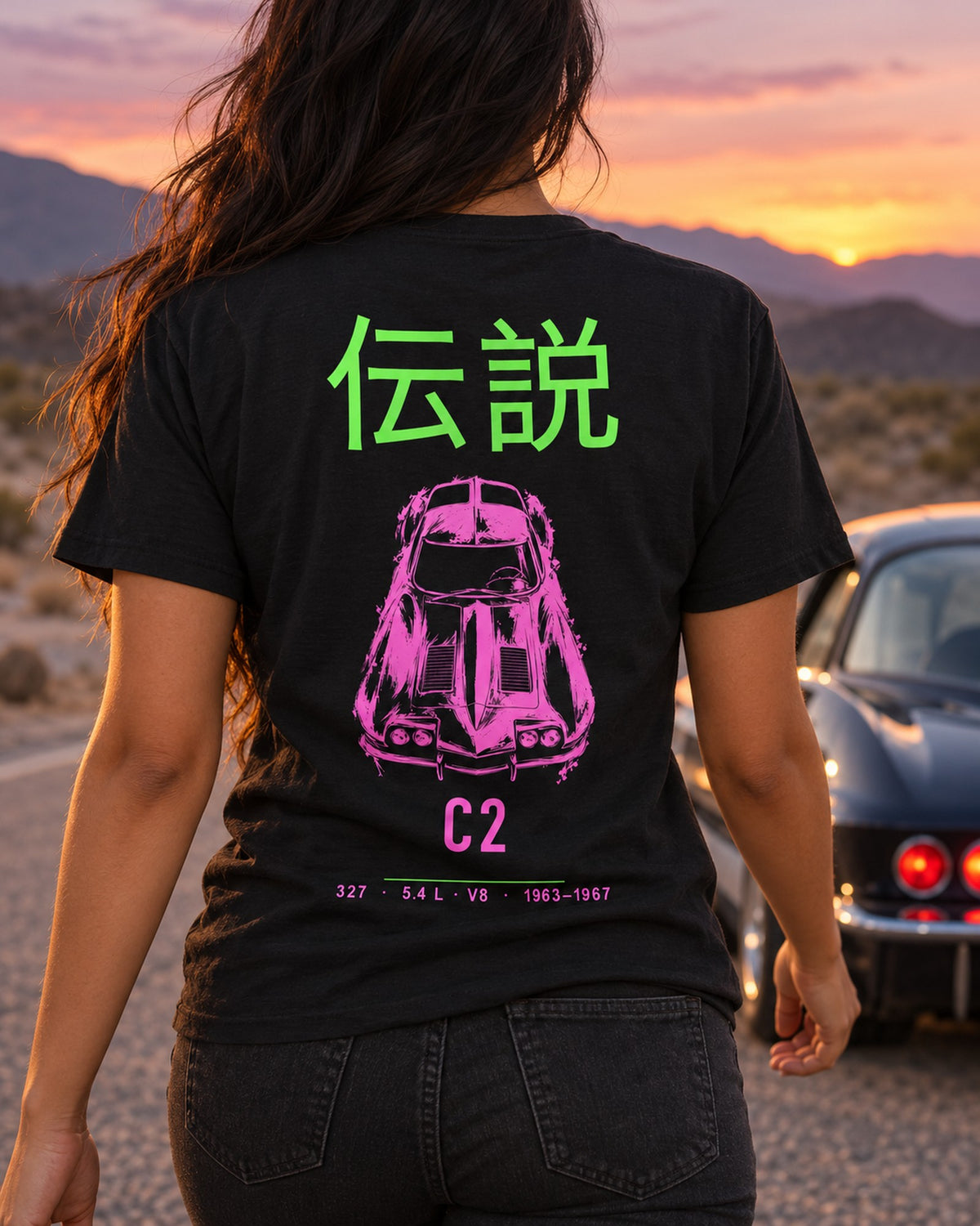 C2 327 Full-Back Graphic Tee T-Shirt Black worn hero