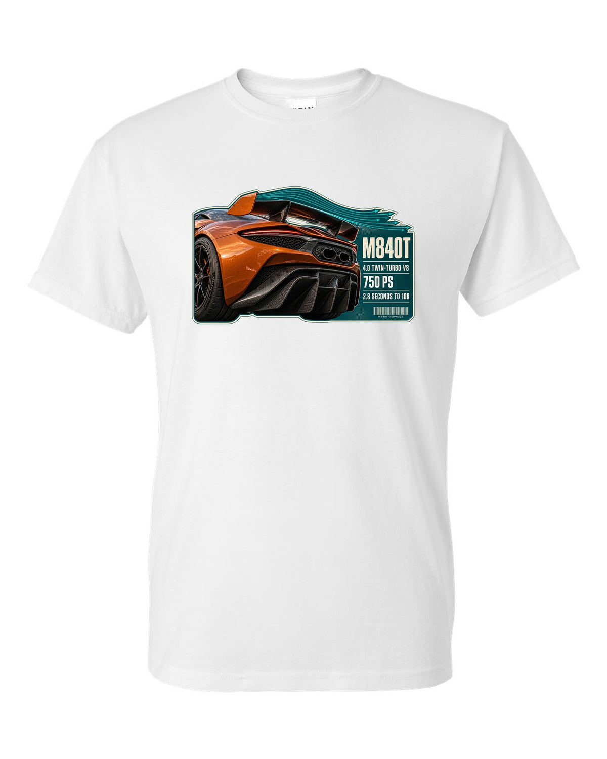 print taillight close-up of a McLaren 750S in burnt orange white t-shirt front view with the design