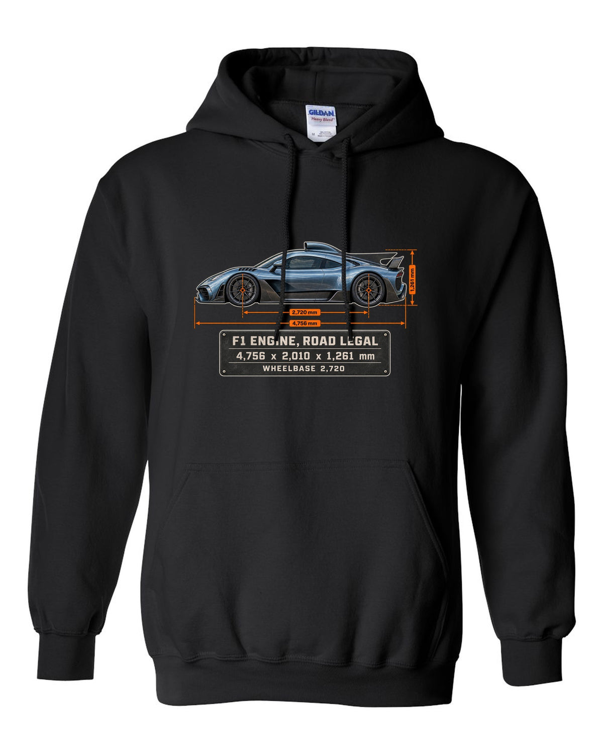Mercedes-AMG One Dimension Blueprint black pull over hoodie front view with the design
