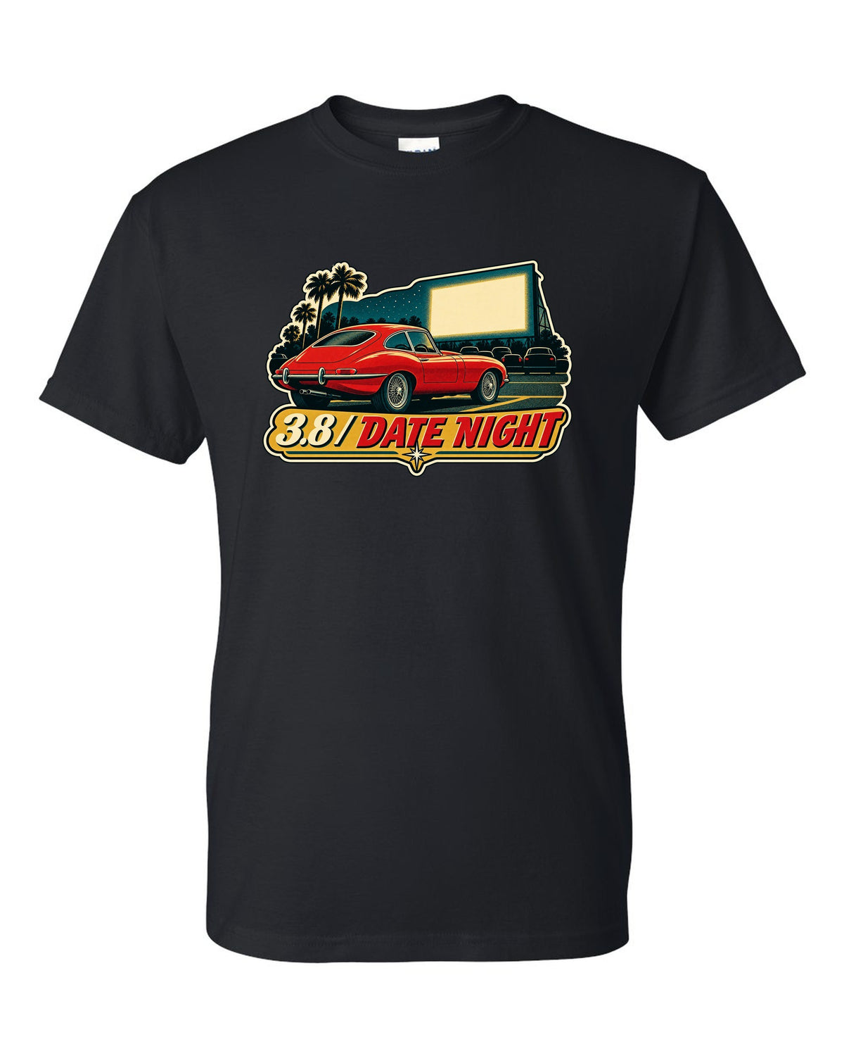 Jaguar E-Type Series 1 vintage race poster with 3.8 DATE NIGHT lettering black t-shirt front view with the design