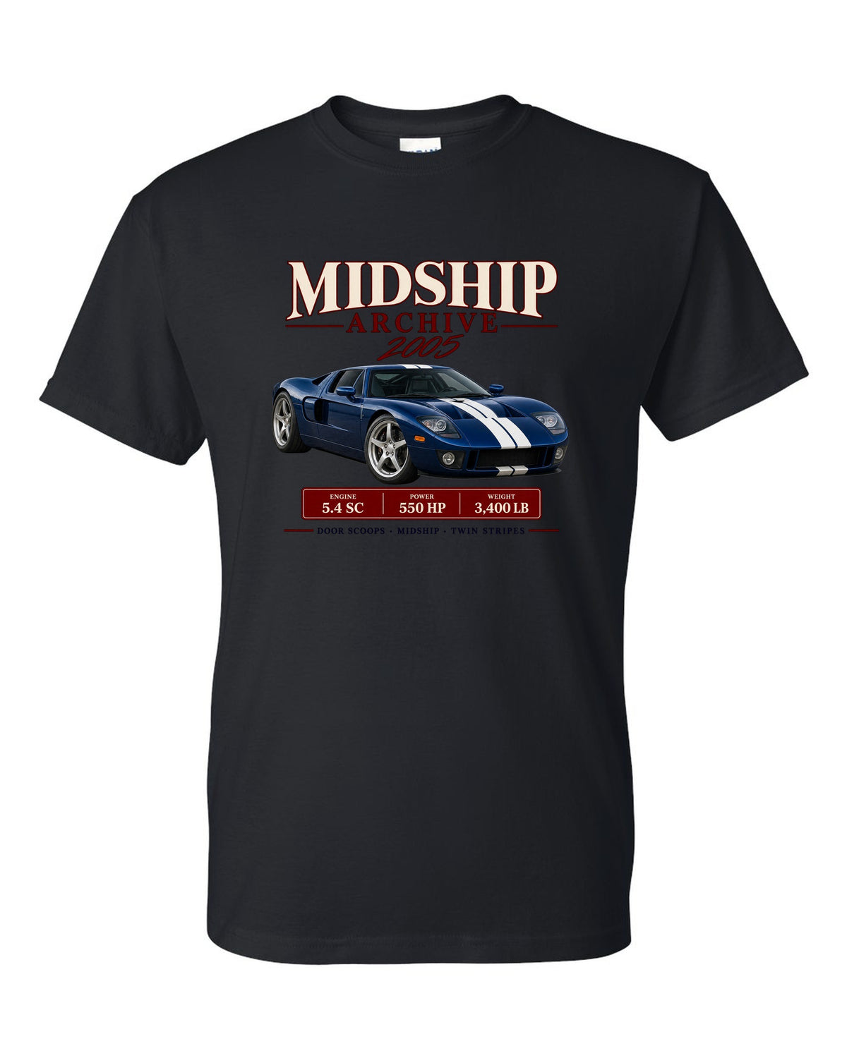Ford GT 2005-06 midship archive panel print with door scoops, 5.4 SC and 550 HP black t-shirt front view with the design