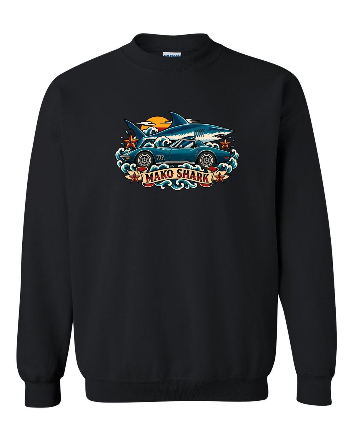 Retro tattoo flash print of a 1968 Chevrolet Corvette C3 Stingray with Mako Shark lettering black crewneck front view with the design
