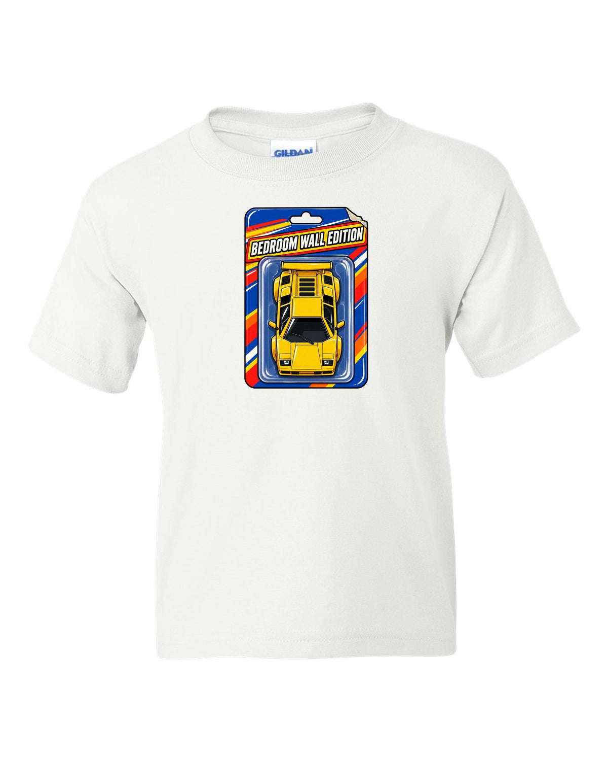 Top-down Lamborghini Countach LP400 S on a toy blister card labelled Bedroom Wall Edition white kids tee front view with the design