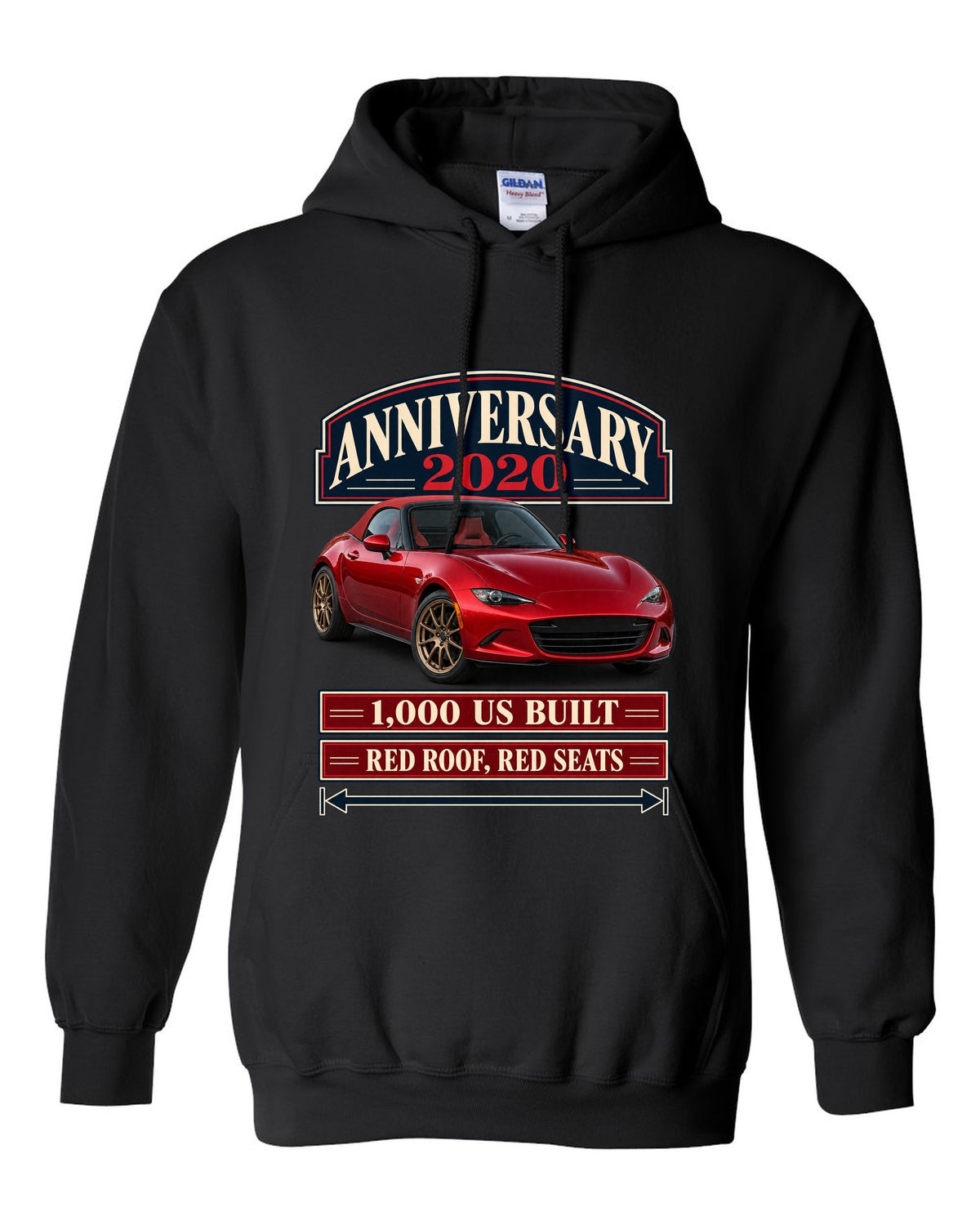 Archive panel layout of a 2020 Mazda MX-5 ND 100th Anniversary Edition with red roof and seats black pull over hoodie front view with the design