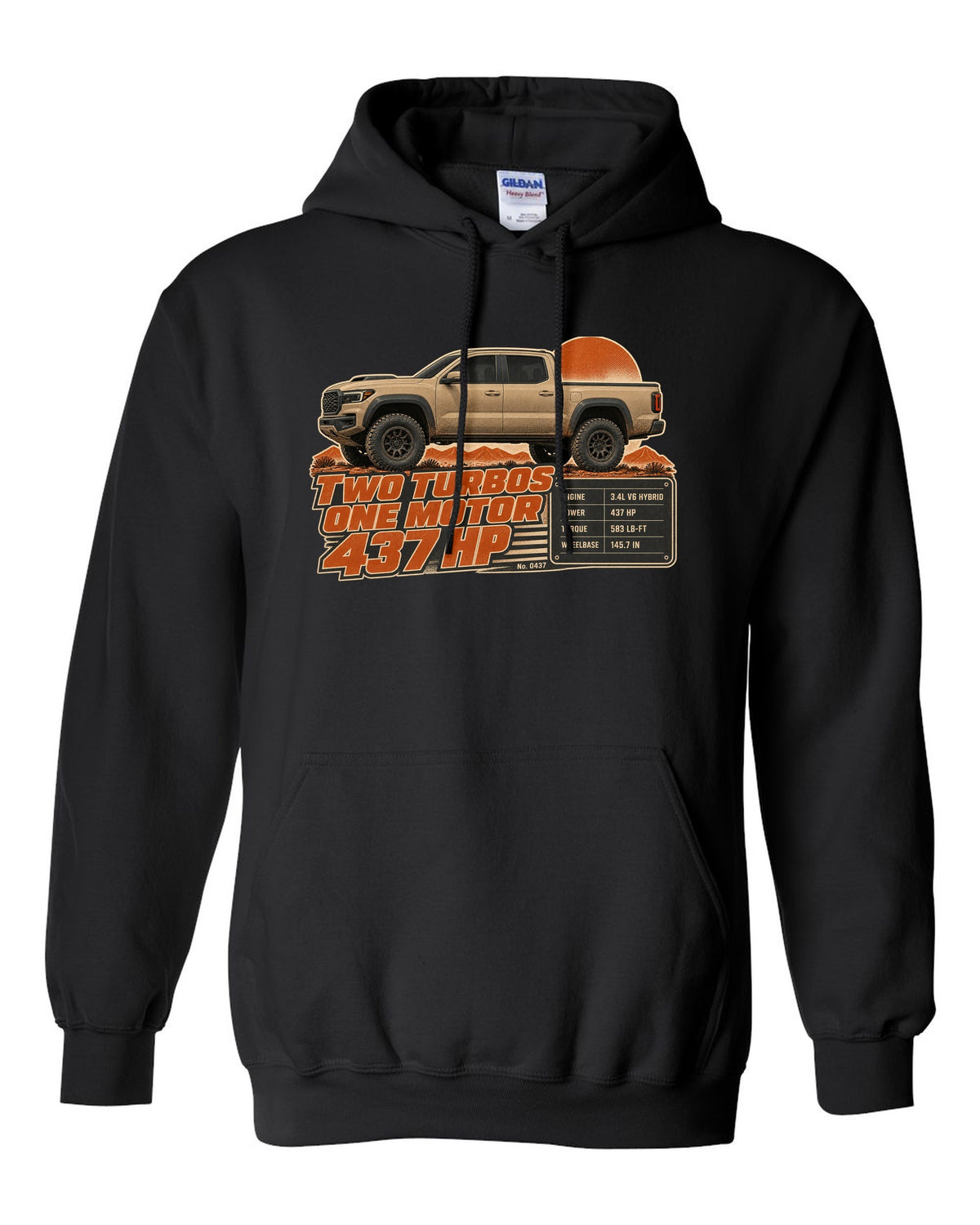 Toyota Tundra TRD Pro i-FORCE MAX hybrid spec poster design black pull over hoodie front view with the design