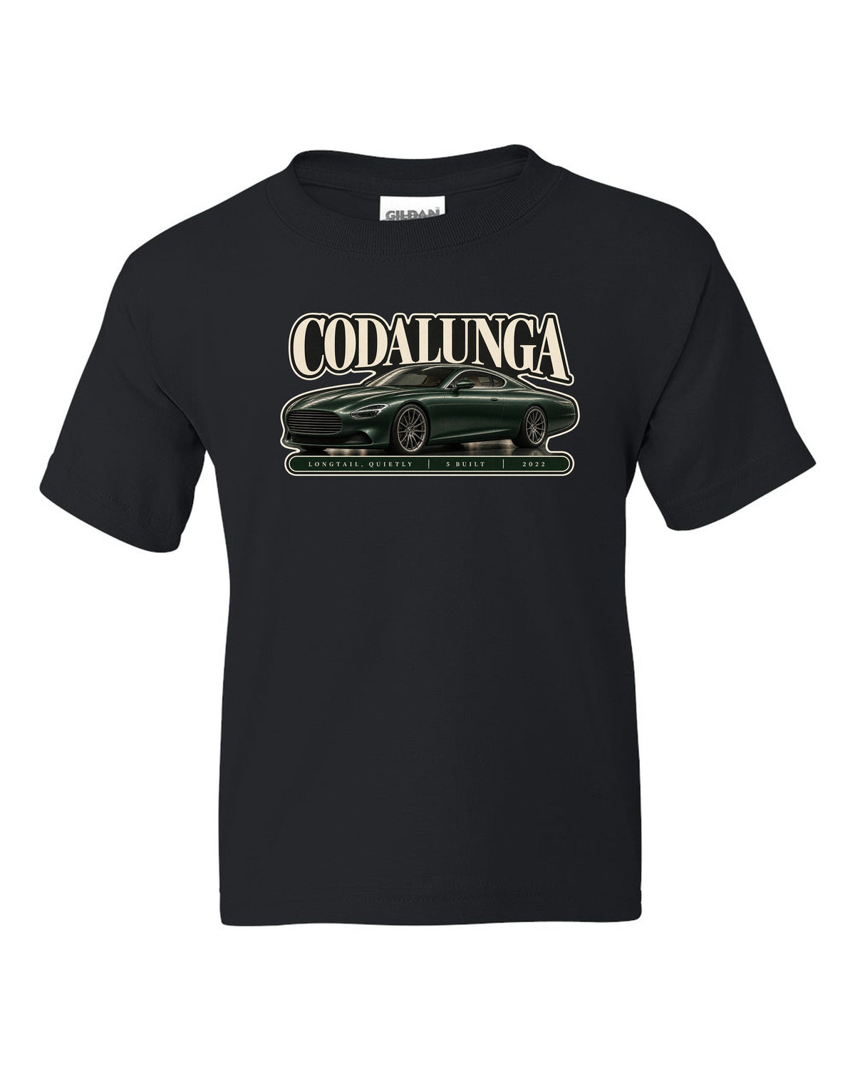 Editorial headline print of the Pagani Huayra Codalunga with the text Codalunga, longtail, quietly, 5 built, 2022 black kids tee front view with the design