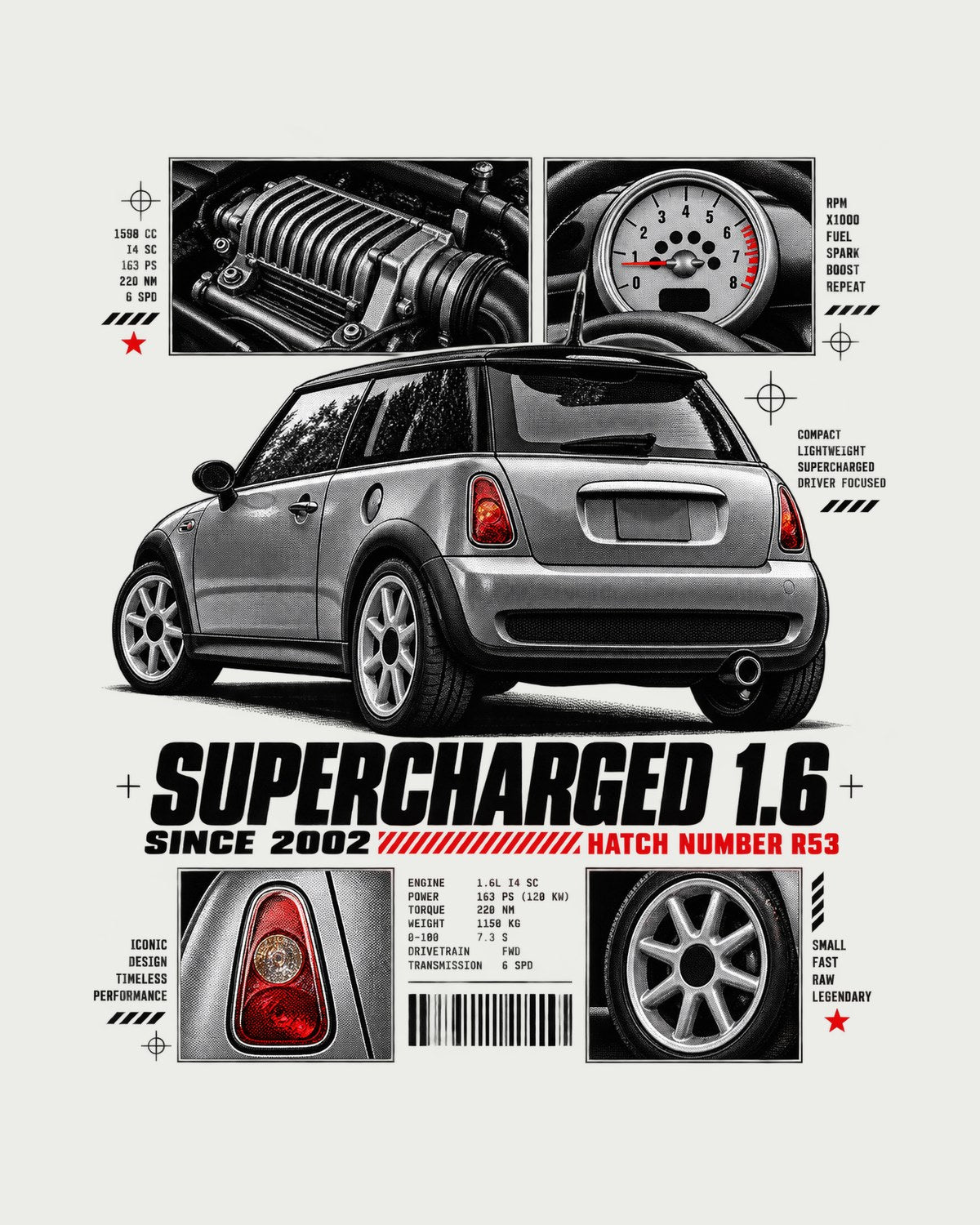 Mini Cooper S R53 Dossier Sheet Shirt, Supercharged Hatch Tee design only