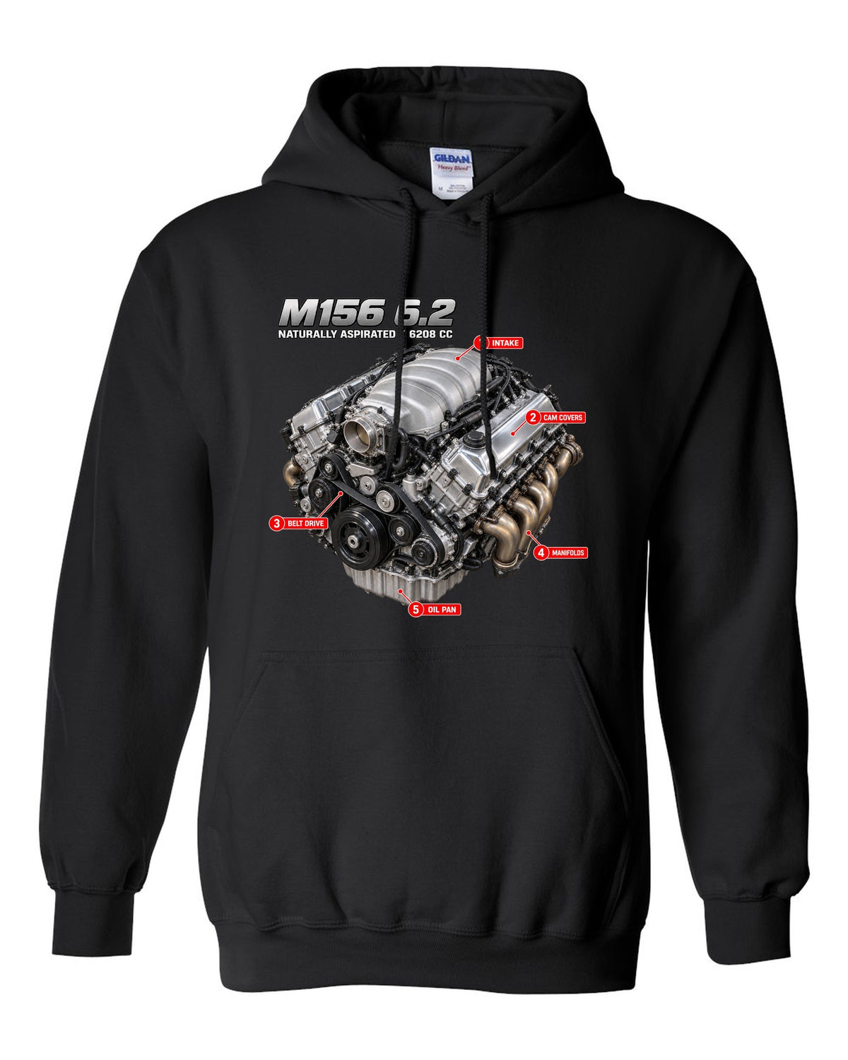 print of the Mercedes W204 C63 M156 6.2 V8 engine with text naturally aspirated 6208 cc black pull over hoodie front view with the design