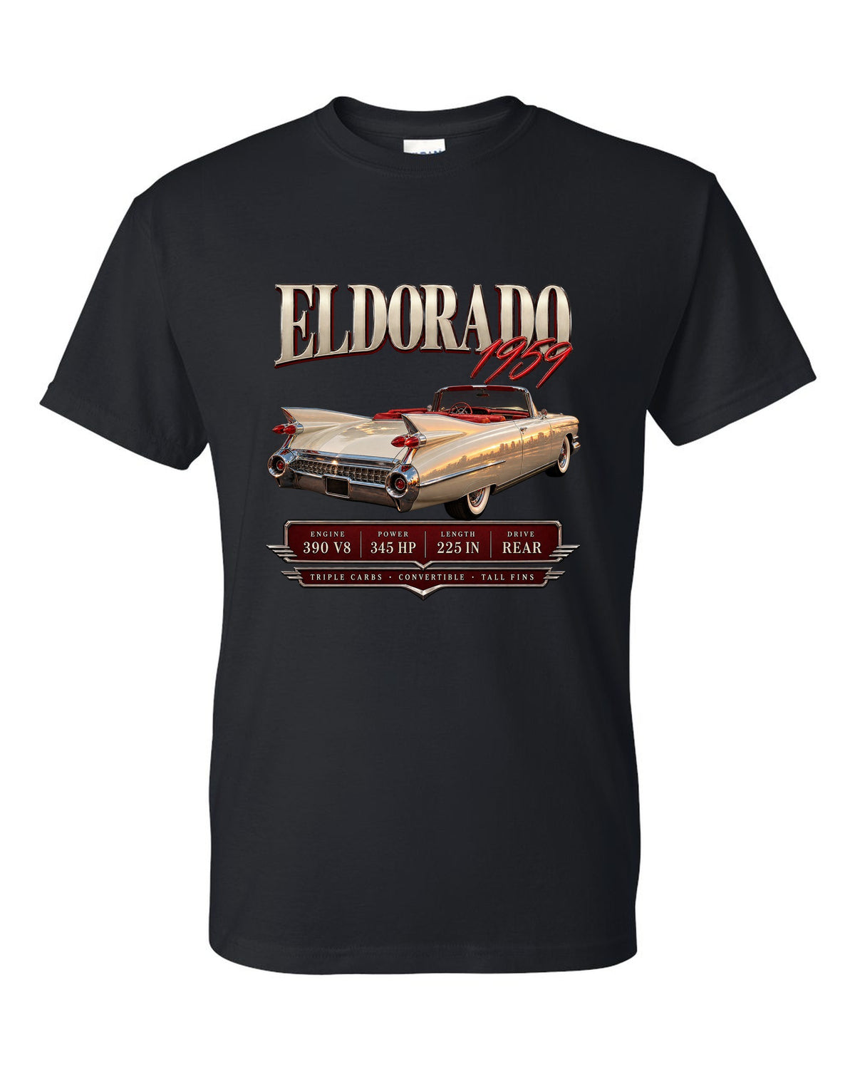 print archive panel of a 1959 Cadillac Eldorado Biarritz convertible with 390 V8 lettering black t-shirt front view with the design