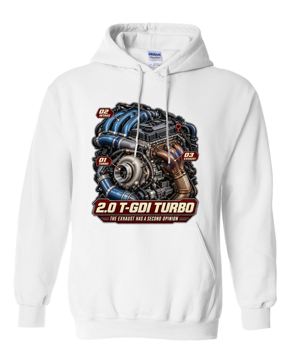 Hyundai Elantra N 2.0 T-GDI turbo engine illustration, print white pull over hoodie front view with the design