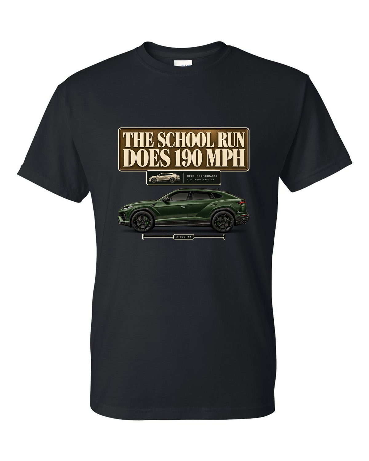 Lamborghini Urus Performante editorial headline print reading the school run does 190 mph black t-shirt front view with the design