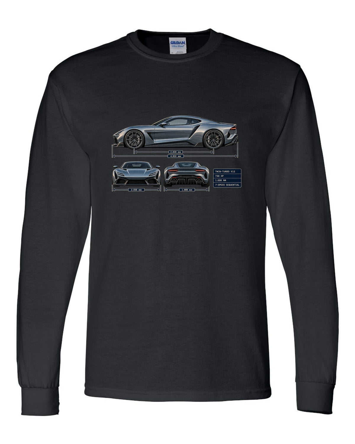 Three-view and spec table print of the Pagani Huayra coupe with 730 hp, 1,000 Nm, seven-speed sequential black long sleeve front view with the design