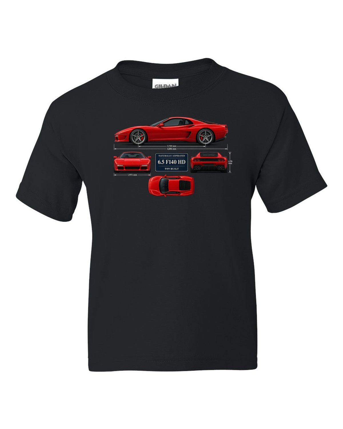 Ferrari 812 Competizione dimension blueprint print with 6.5 F140 HD, 999 built black kids tee front view with the design