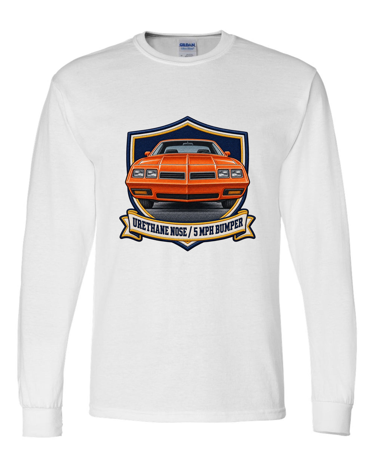 Varsity crest print for a 1973 Chevelle Laguna S-3 with the text Urethane Nose, 5 MPH Bumper white long sleeve front view with the design