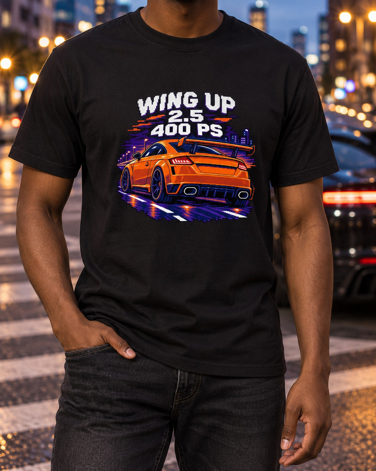 Audi TT RS FV 2.5 Pixel Art Shirt, Wing Up 400 PS T-Shirt Black worn hero