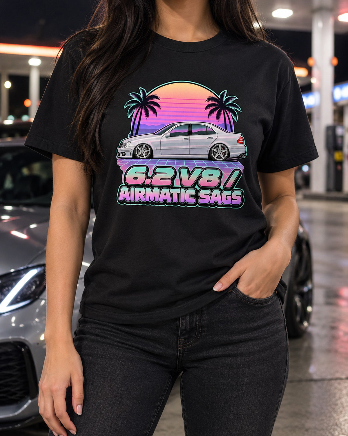 Mercedes E63 AMG W211 Vaporwave Sleeper Shirt, Airmatic Joke T-Shirt Black worn hero