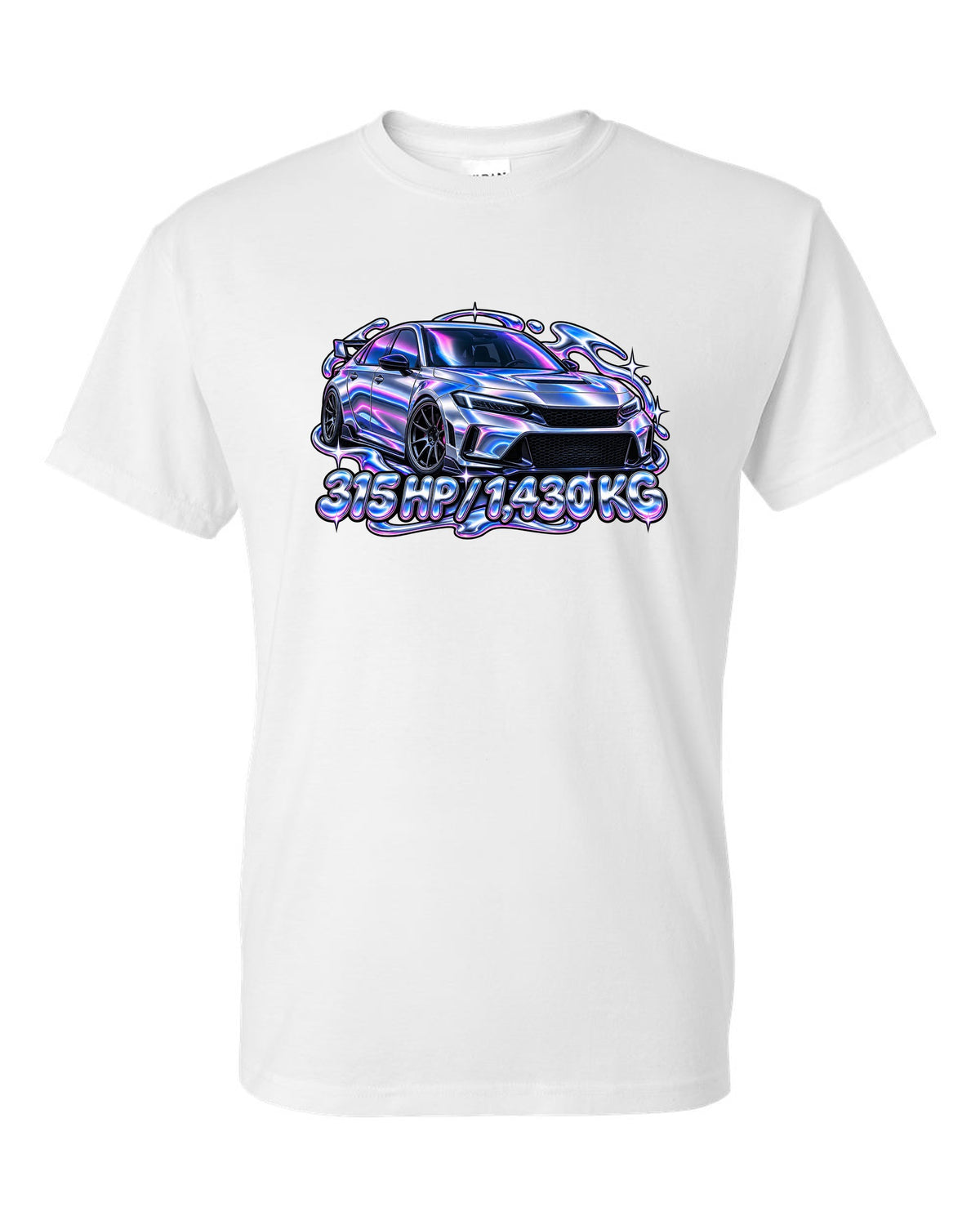 Y2K chrome gradient print of a Honda Civic Type R FL5 with 315 HP and 1,430 KG text white t-shirt front view with the design