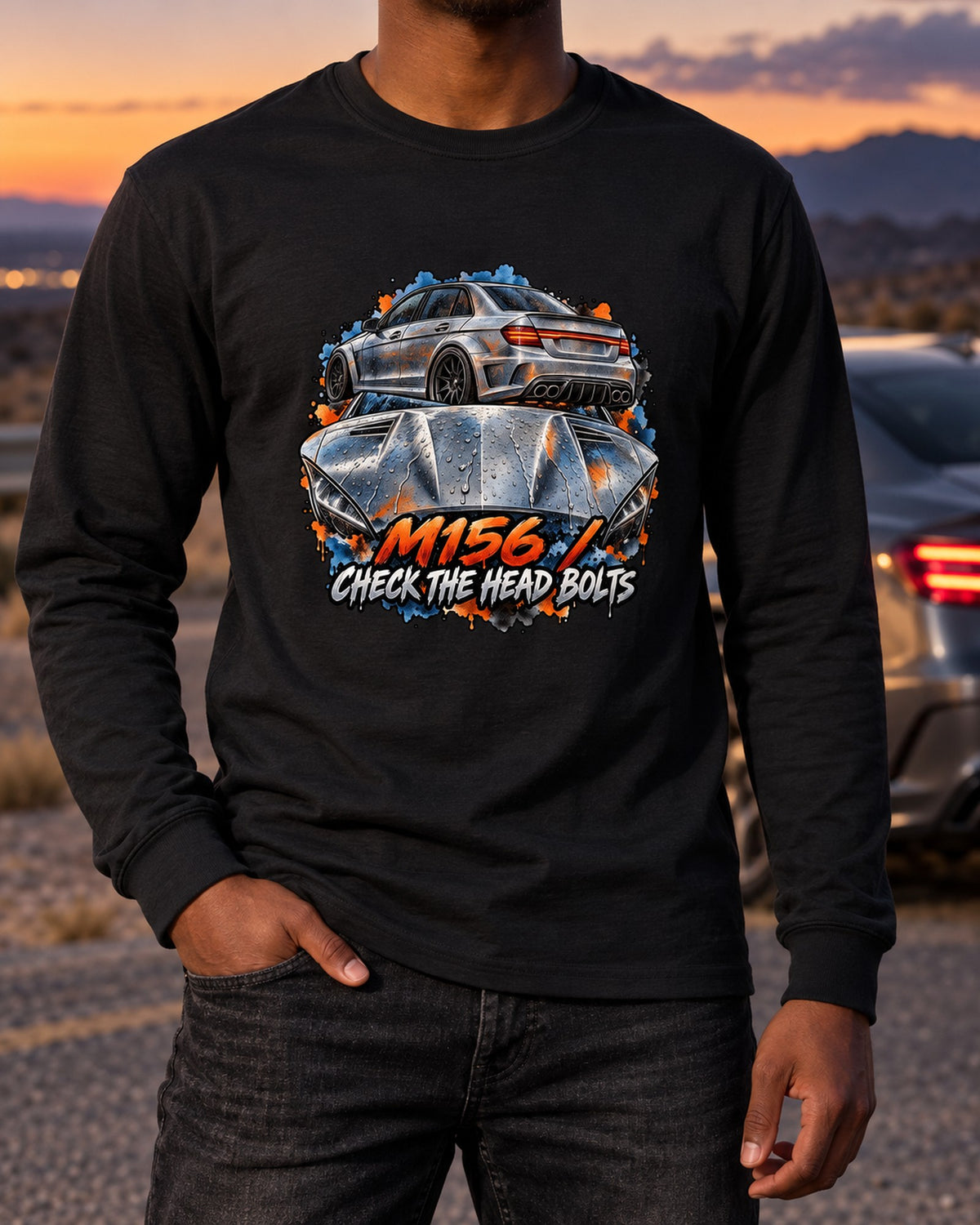 Mercedes C63 AMG W204 Cross-Drilled Brake Blueprint Shirt Long Sleeve Black worn hero