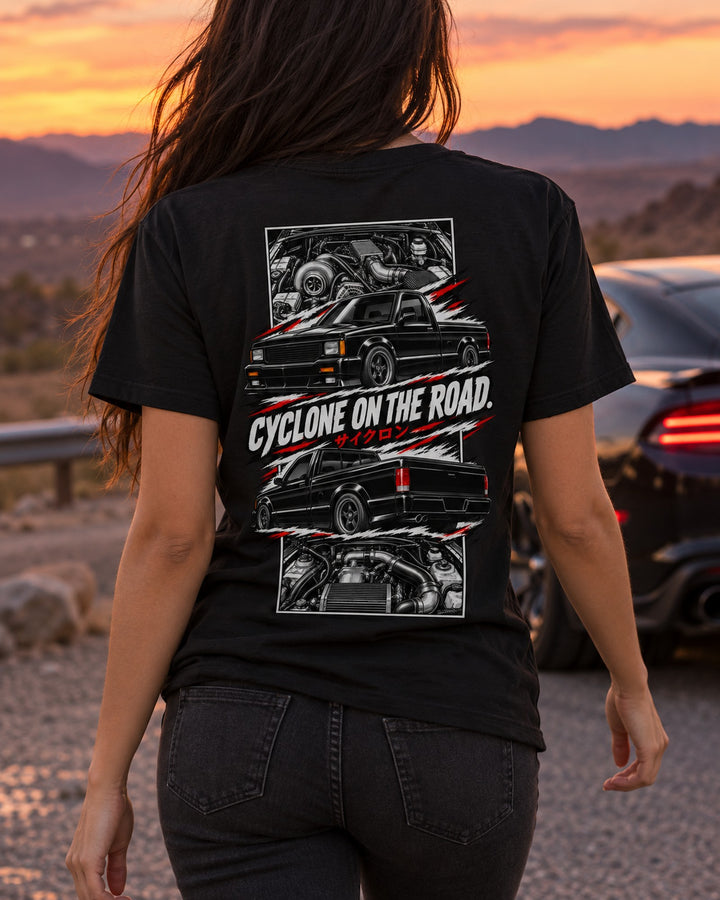 GMC Syclone Torn Poster Full-Back Graphic Tee T-Shirt Black worn hero