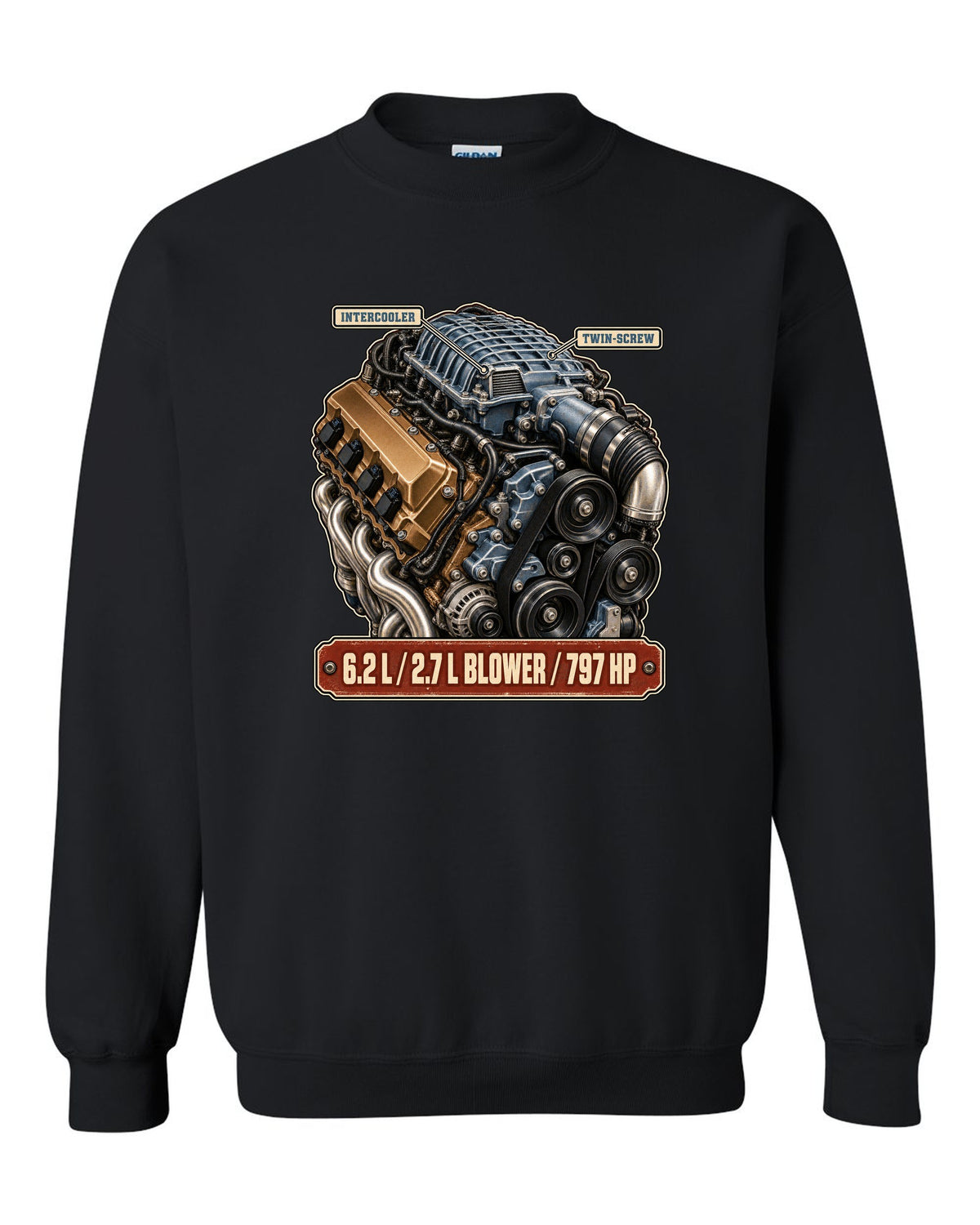 print of the supercharged 6.2L V8 from a Dodge Charger SRT Hellcat Redeye black crewneck front view with the design