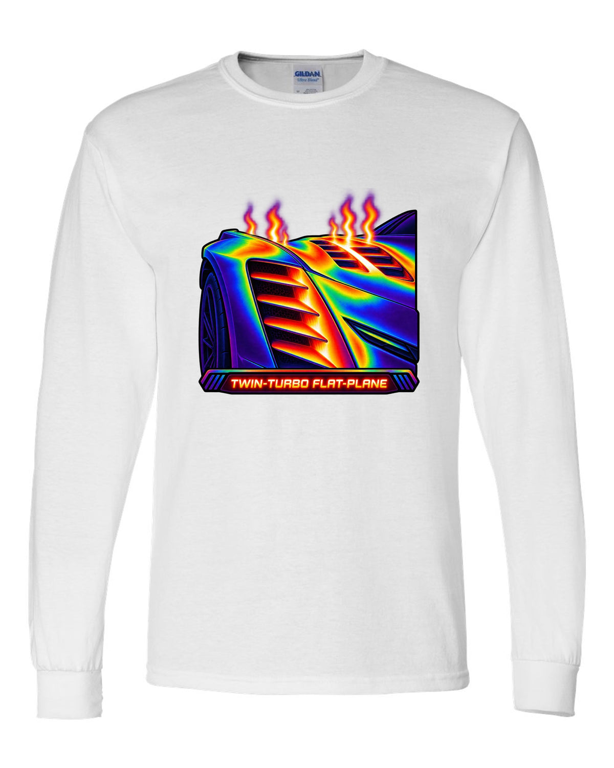 Infrared thermal gradient print of a fender vent on a 2025 Chevrolet Corvette C8 ZR1 with Twin-Turbo Flat-Plane text white long sleeve front view with the design