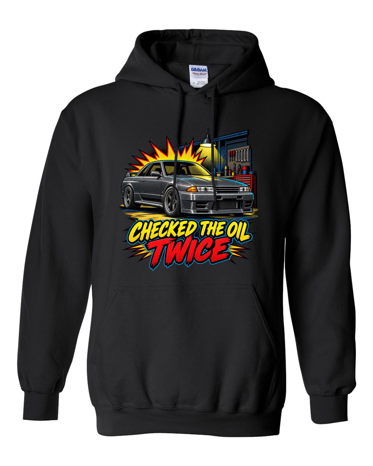 Comic halftone pop-art print of a Nissan Skyline GT-R R32 BNR32 in a garage black pull over hoodie front view with the design