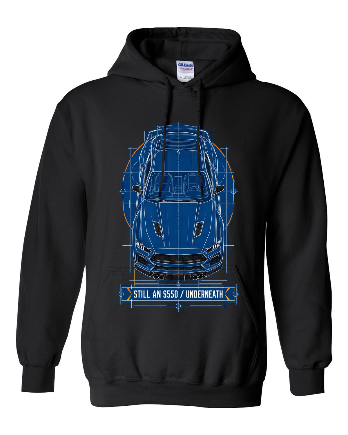 Cyanotype negative blueprint top view print of a 2024 S650 Mustang with Still An S550 Underneath black pull over hoodie front view with the design