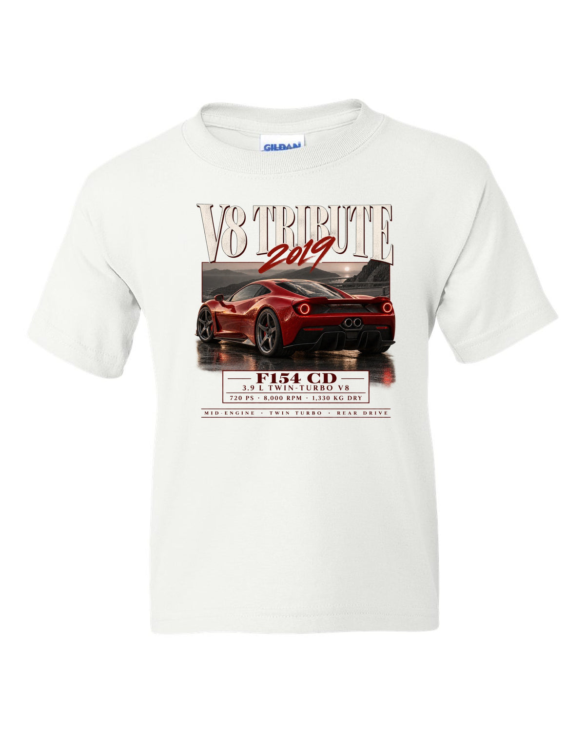 Archive panel print of a Ferrari F8 Tributo listing 3.9 L twin-turbo V8, 720 PS and 1,330 kg dry white kids tee front view with the design