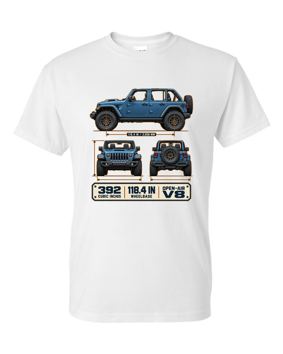 Dimension blueprint print of the Jeep Wrangler Rubicon 392 JL showing wheelbase and V8 white t-shirt front view with the design