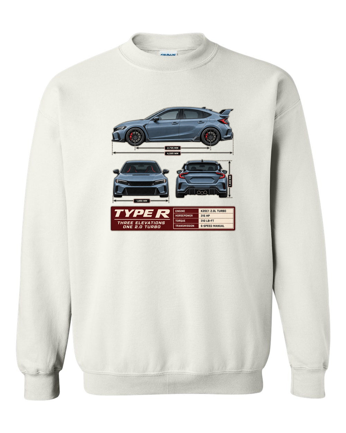 Civic Type R FL5 Three-View Spec Sheet Tee for Car Guys white crewneck front view with the design