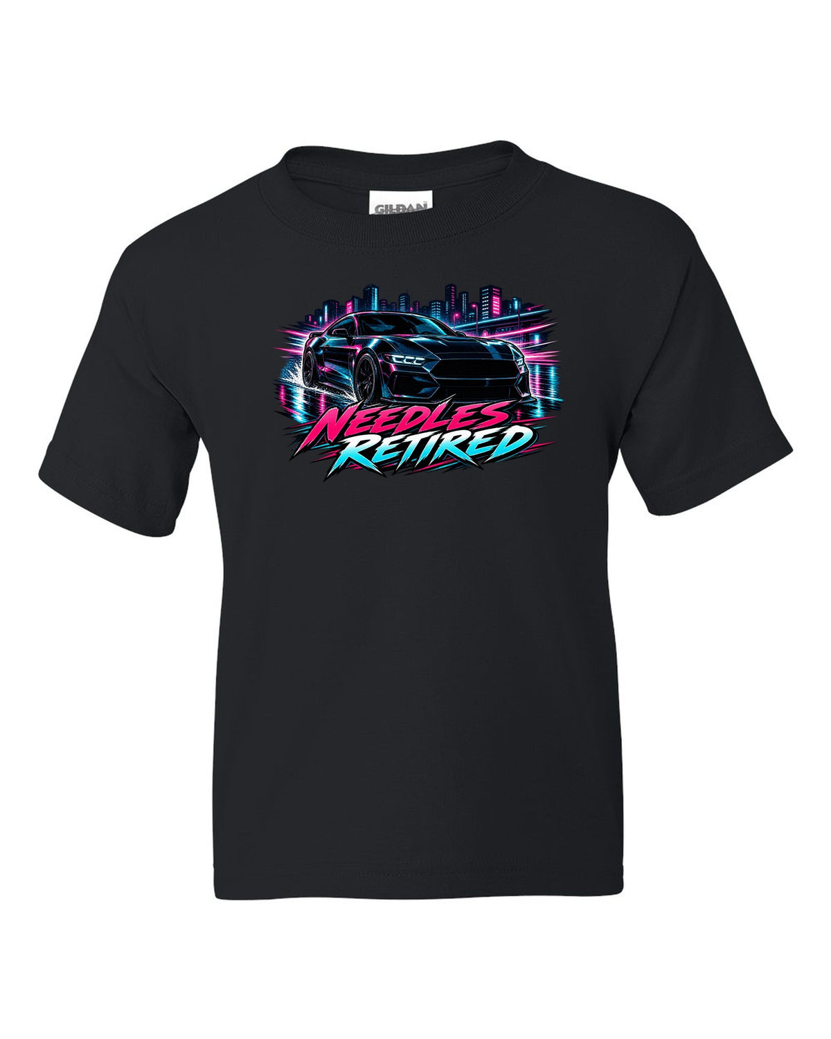 Cel-shaded anime night touge print of a 2024 S650 Mustang coupe with Needles Retired text black kids tee front view with the design
