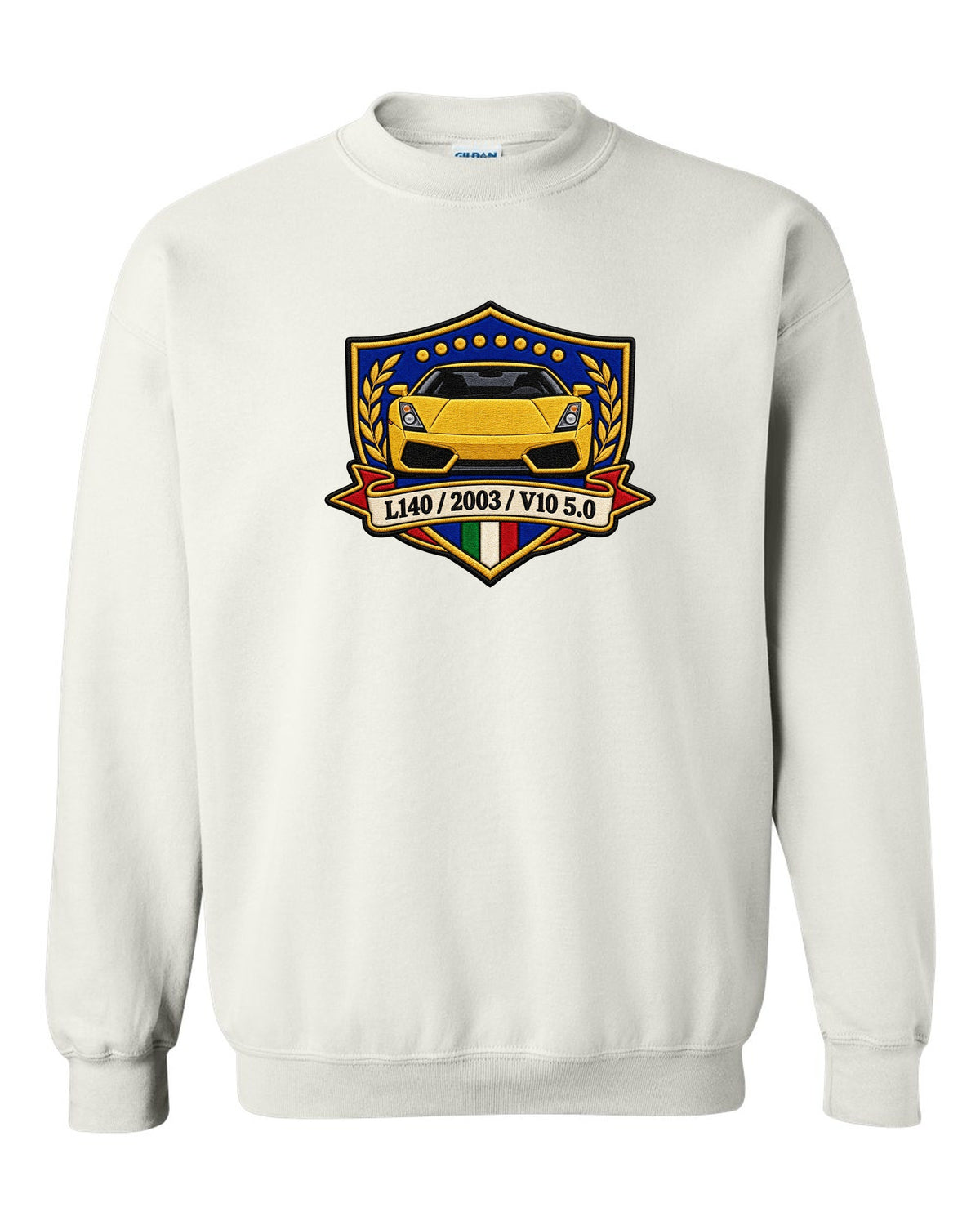 Embroidery-style crest for a 2003 Lamborghini Gallardo L140 with V10 5.0 text white crewneck front view with the design