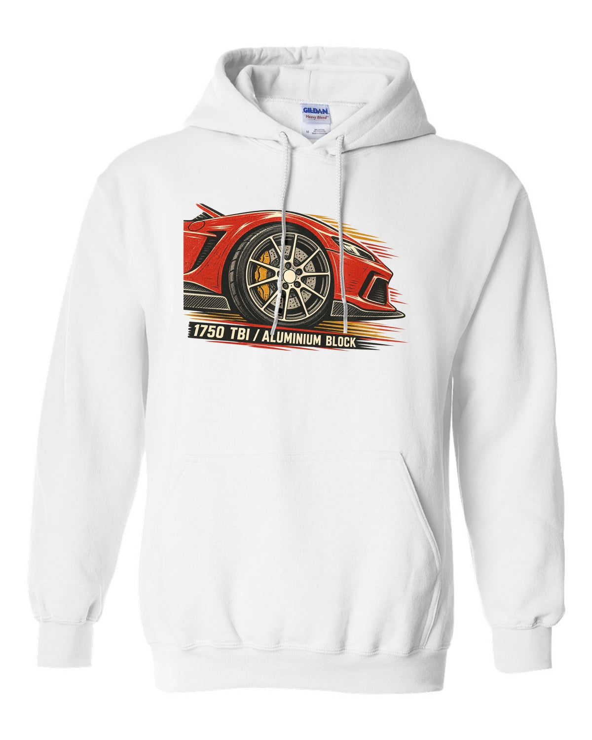 Multi-ink linocut illustration of an Alfa Romeo 4C with 1750 TBI aluminium block text white pull over hoodie front view with the design