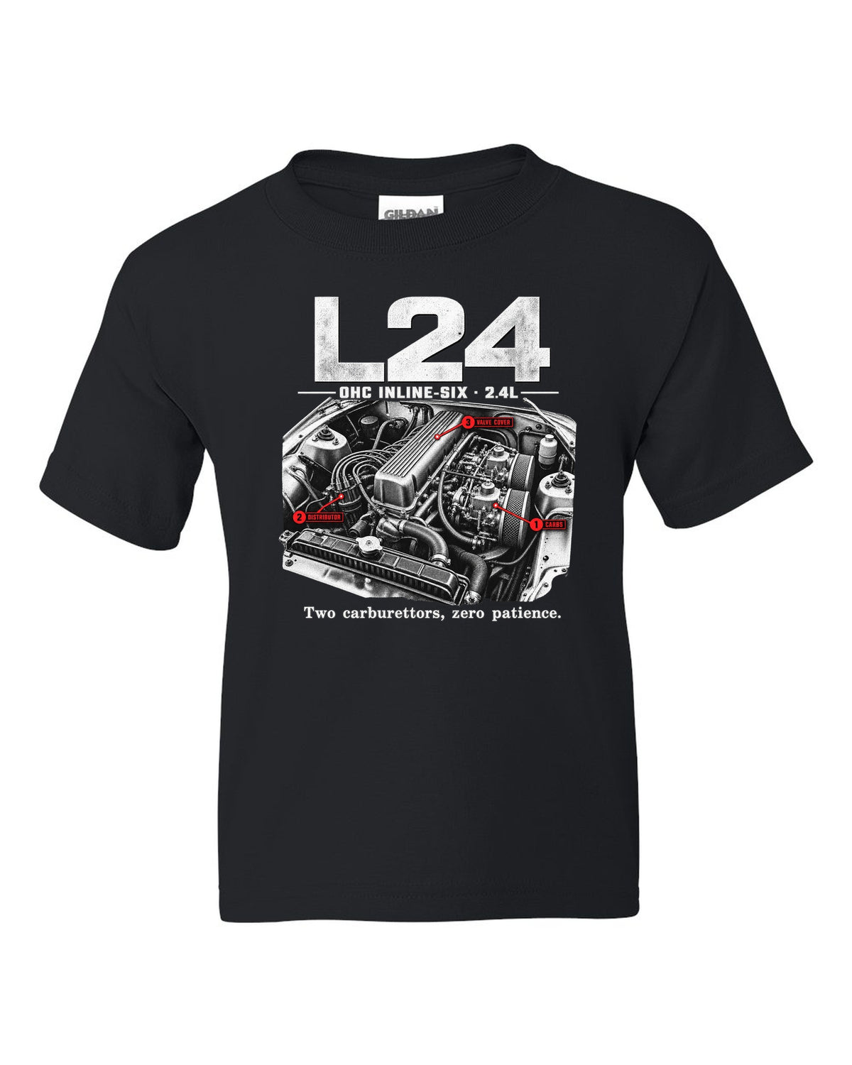 Engine bay print of a Datsun 240Z S30 L24 inline-six with carburettors black kids tee front view with the design