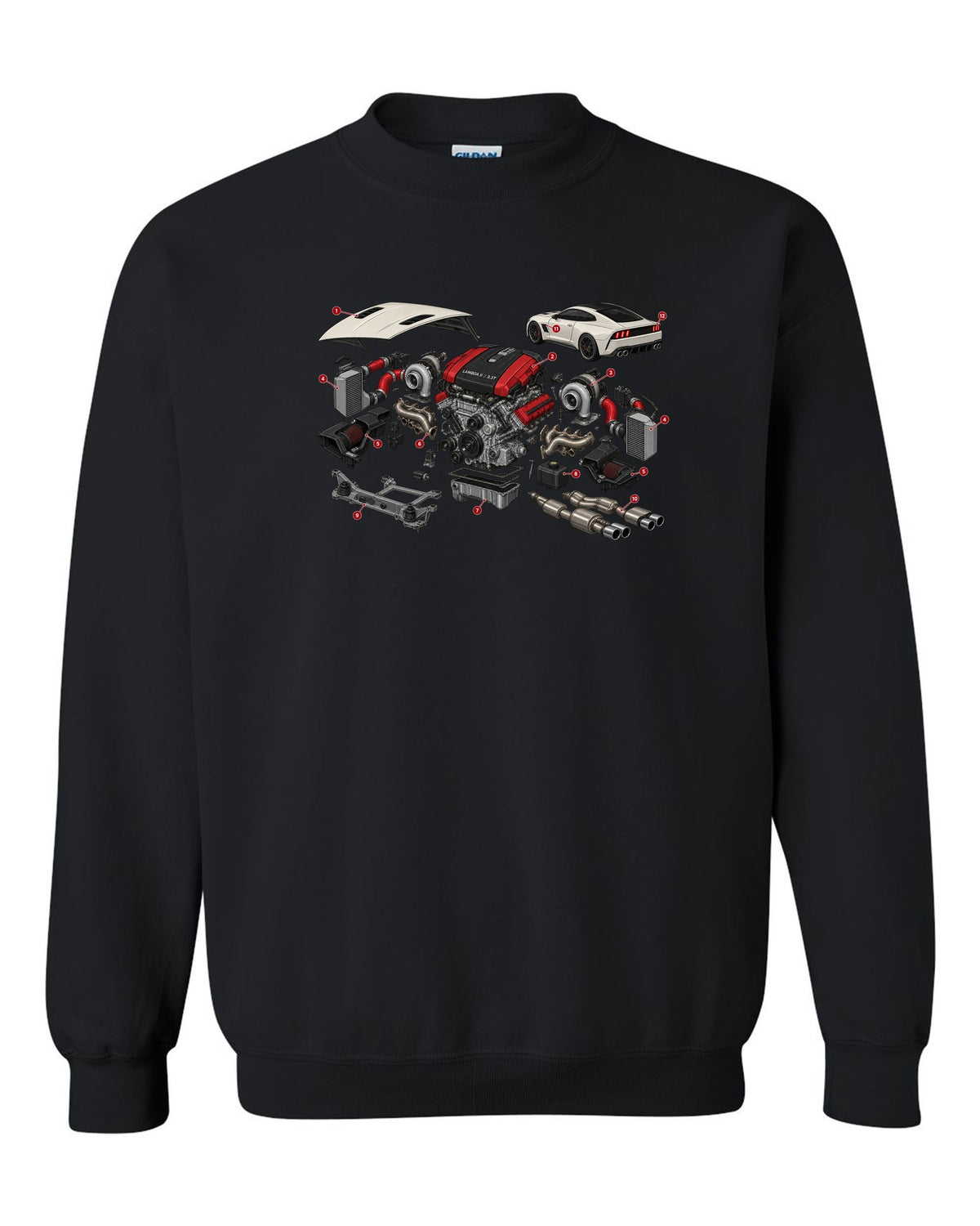 Isometric exploded cutaway print of the Kia Stinger GT CK Lambda II 3.3T engine black crewneck front view with the design