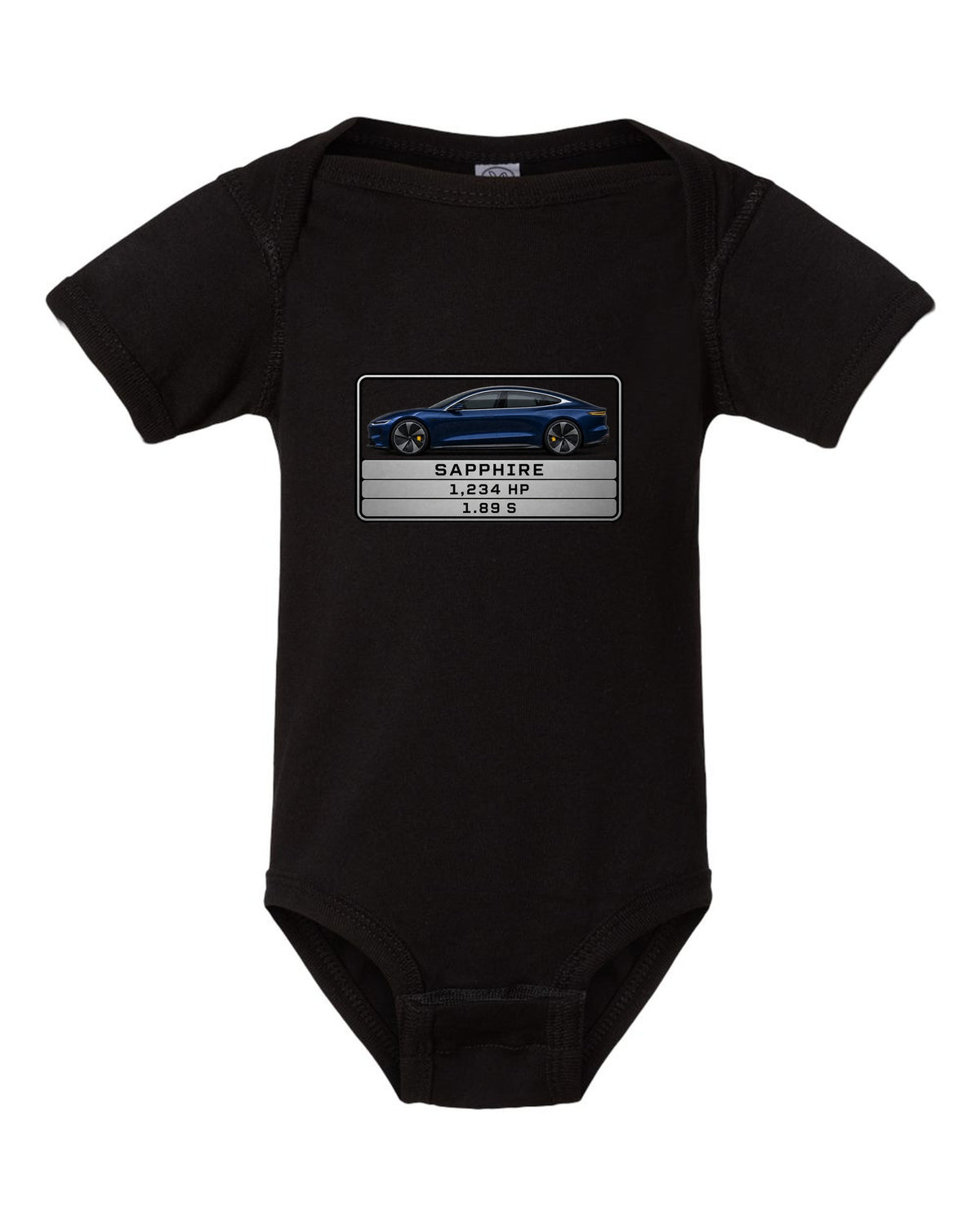 Lucid Air Sapphire monospaced spec data plate print with the text Sapphire 1,234 hp 1.89 s black baby onesie front view with the design