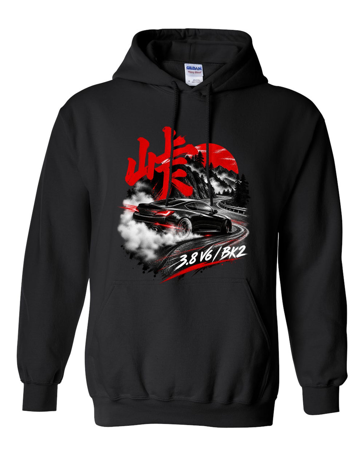 Hyundai Genesis Coupe BK2 on a mountain pass at night with kanji touge text black pull over hoodie front view with the design