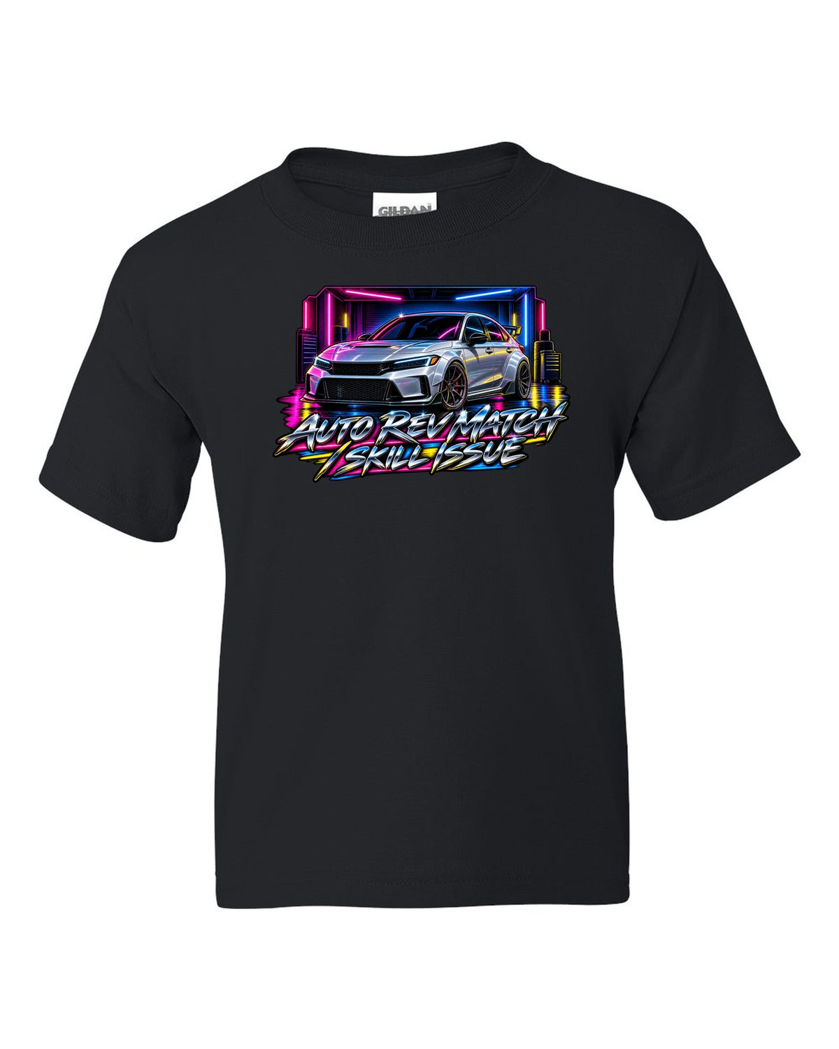 80s airbrush poster style print of a 2023 Honda Civic FL5 ch with auto rev match text black kids tee front view with the design