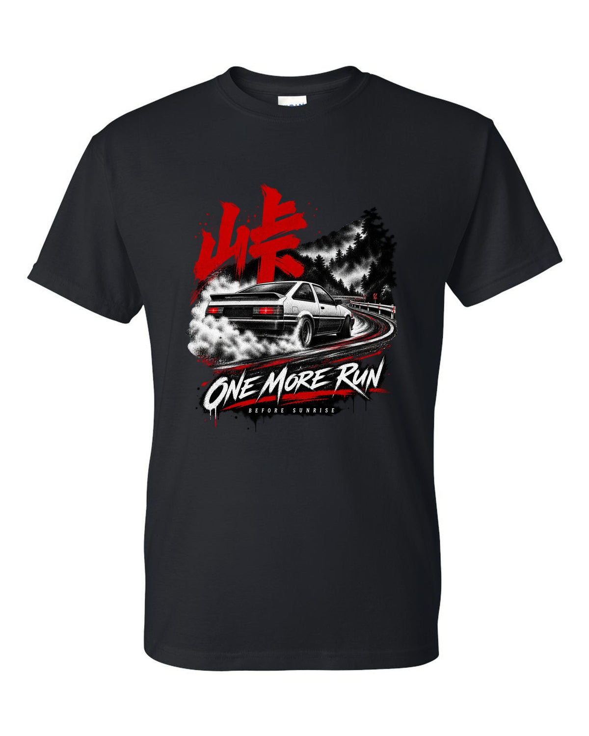 print of a Toyota AE86 Corolla Levin on a night touge road with kanji black t-shirt front view with the design
