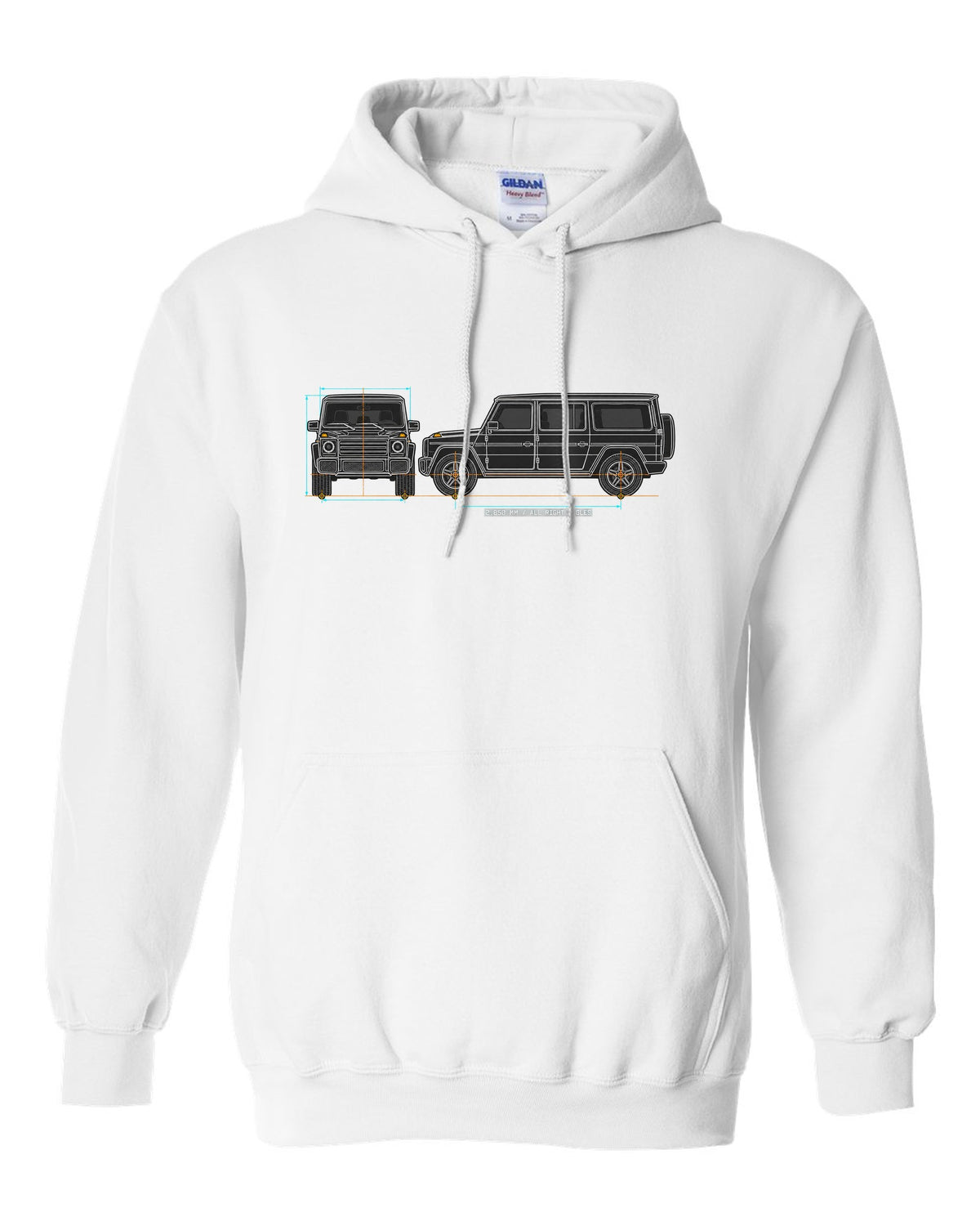 Neon outline graphic of a Mercedes SLS AMG C197 with gullwing doors open, print white pull over hoodie front view with the design