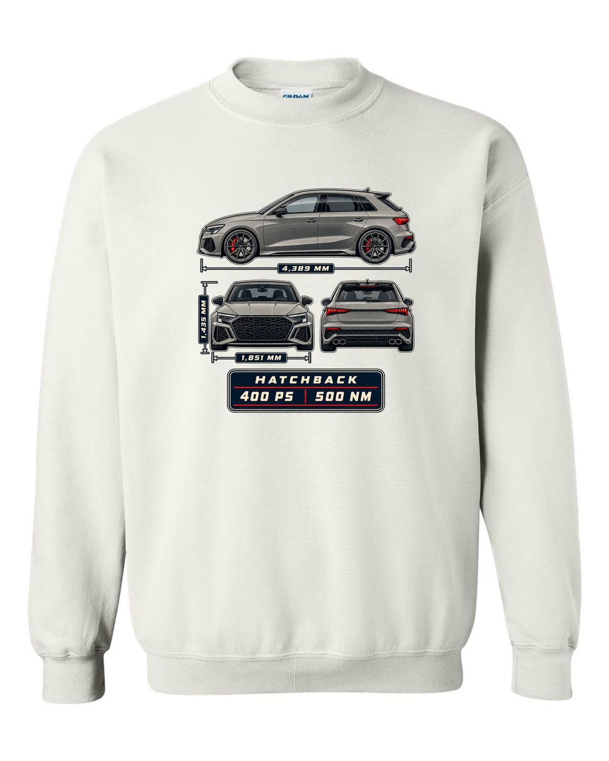 Three-view drawing and spec table of the Audi RS3 8Y Sportback white crewneck front view with the design