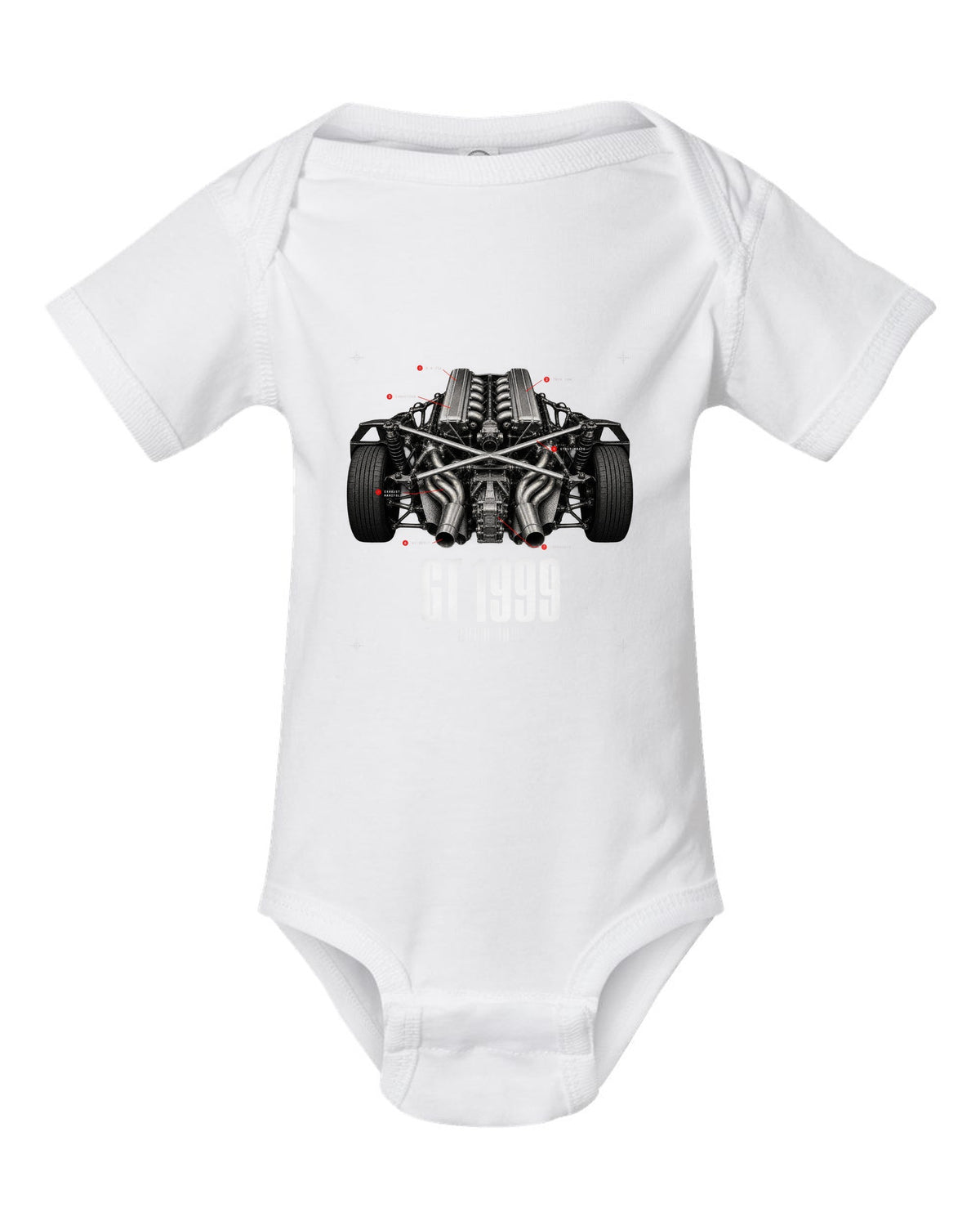 Engine hero print of a Lamborghini Diablo GT 6.0 V12 with 80 built text white baby onesie front view with the design