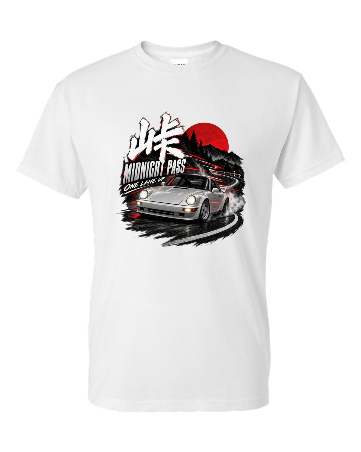 Touge night print of an outlaw-style Porsche 911 Carrera 4 964 on a mountain pass white t-shirt front view with the design
