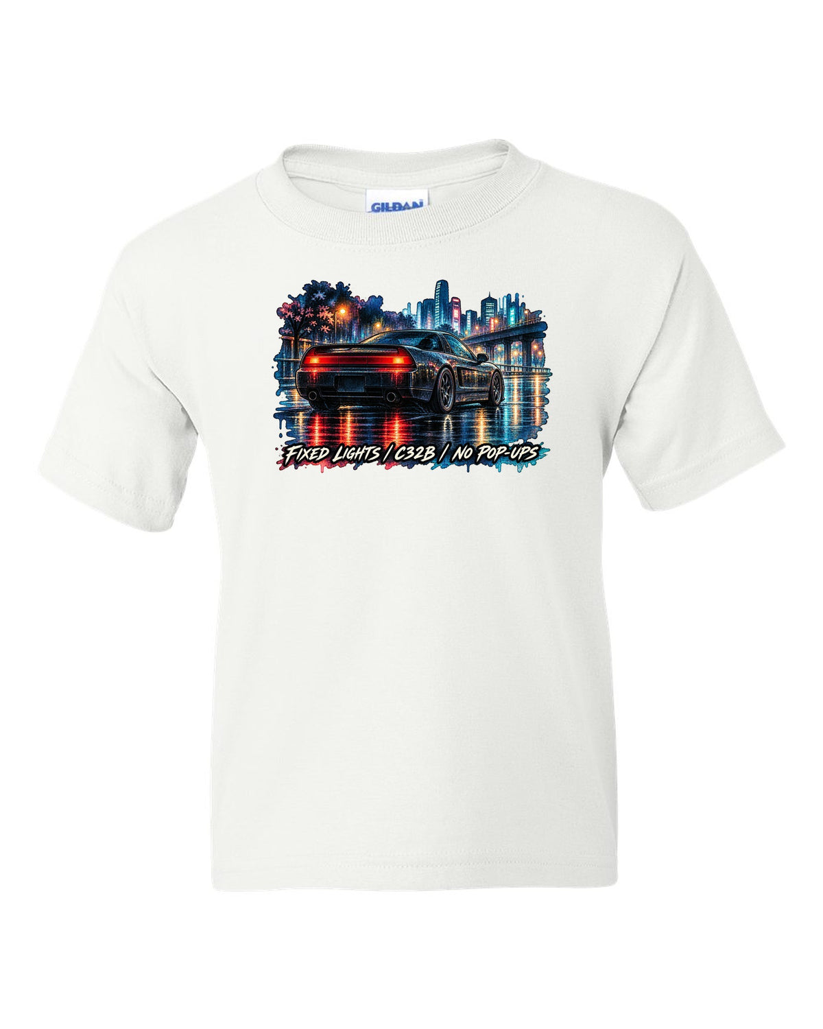 Watercolour wet-road night print of a Honda NSX NA2 with fixed lights C32B no pop-ups text white kids tee front view with the design