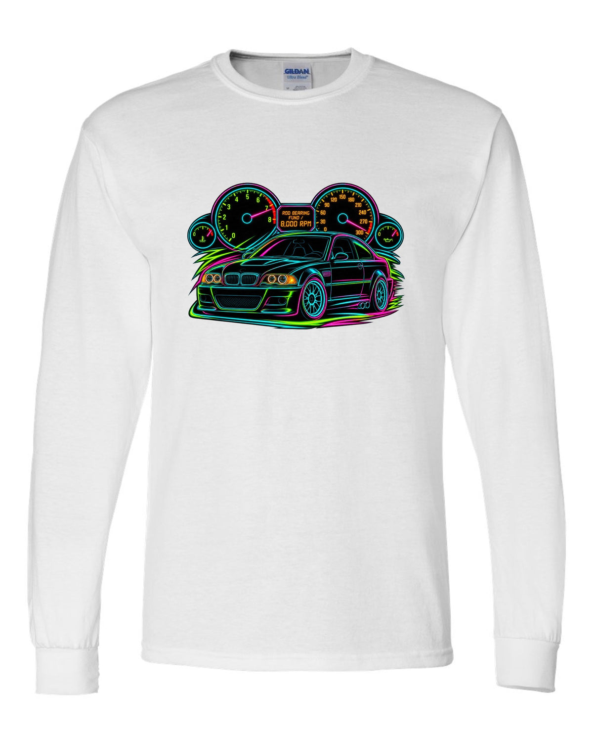Neon line art redline gauge of a BMW E46 M3 coupe with 8,000 RPM and rod bearing fund text white long sleeve front view with the design
